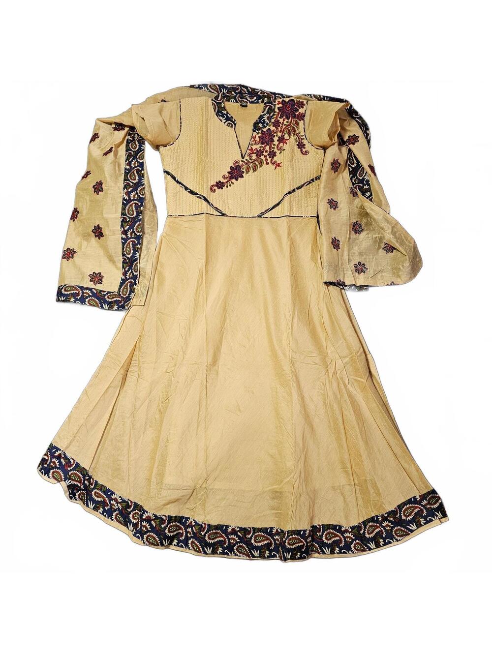 India Women Kurta Dress Sz S Beige Embroidered Floral Anarkali Matching Dupatta